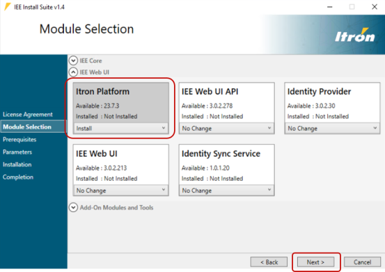THe Itron Platform option on the Module Selection screen.